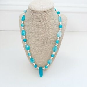 NWT Genuine Hemimorphite & Pearls Necklace Beaded Blue White
